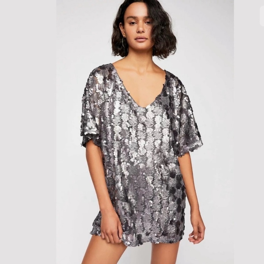 Free People Silver Sequin V-Neck Dress size XS